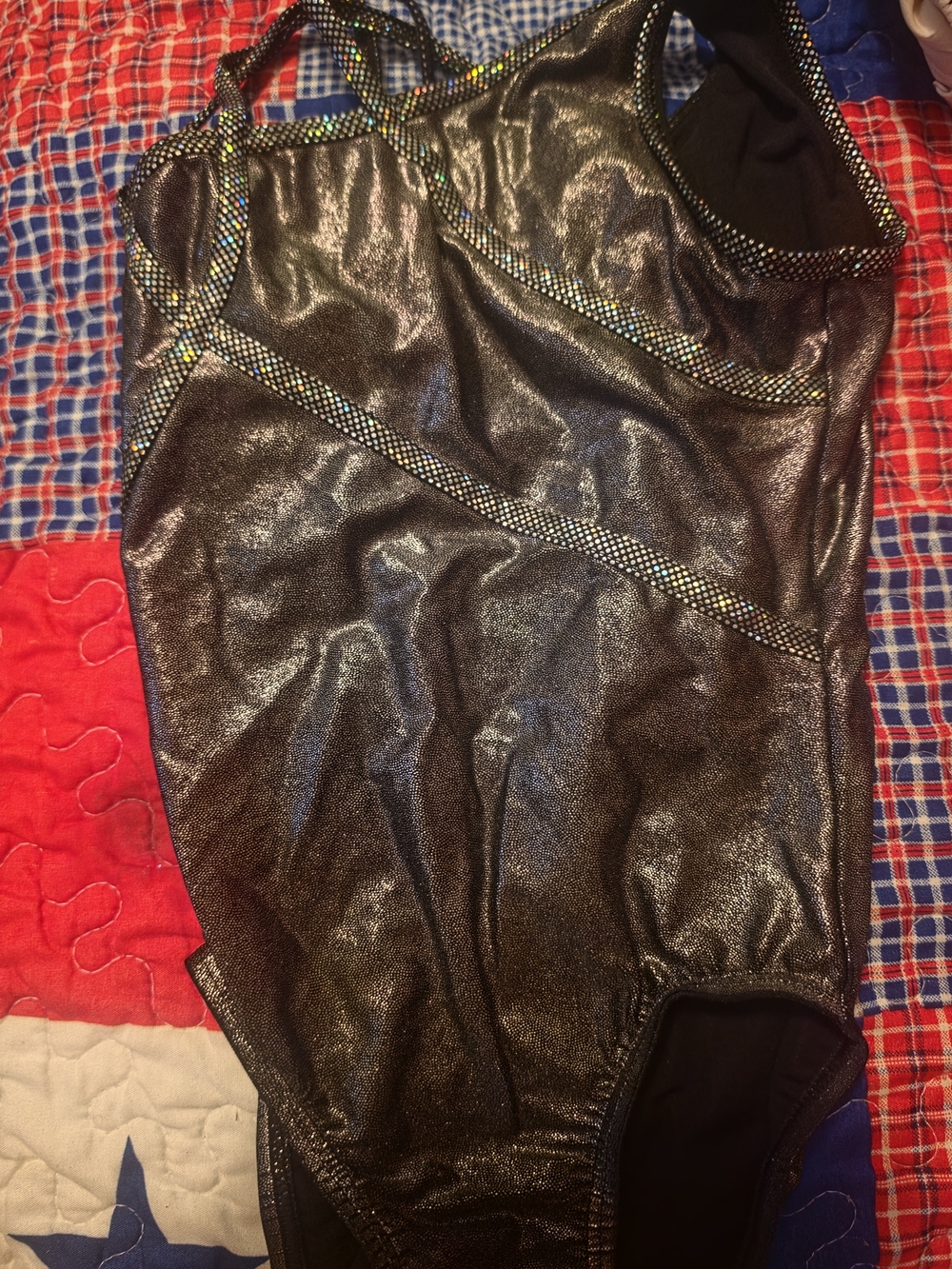 Shiny Black Kids Leotard with Holographic Trim
